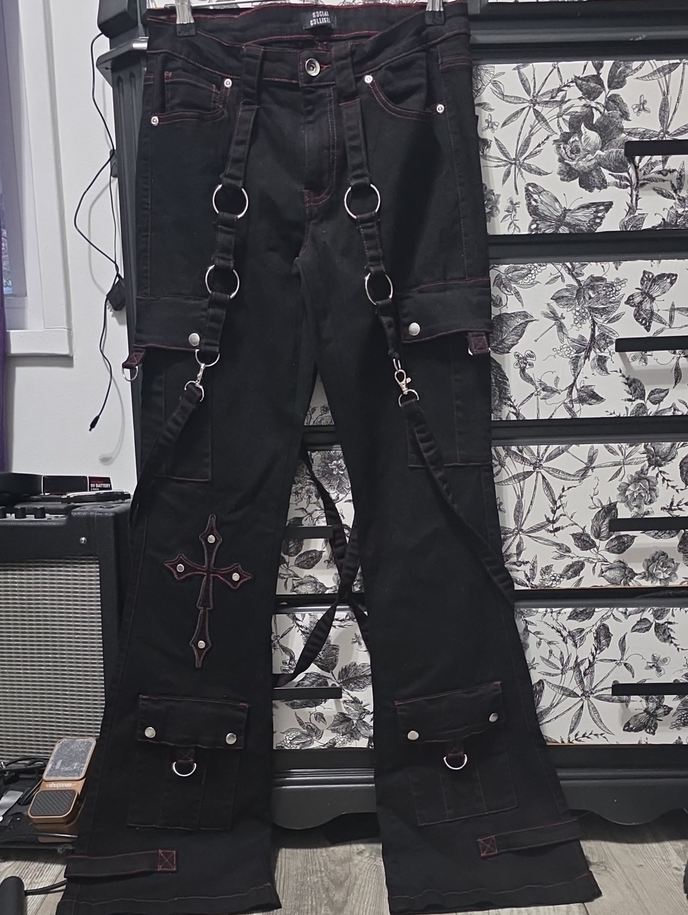 Black Flared Cargo Jeans with Gothic Cross & Hardware
